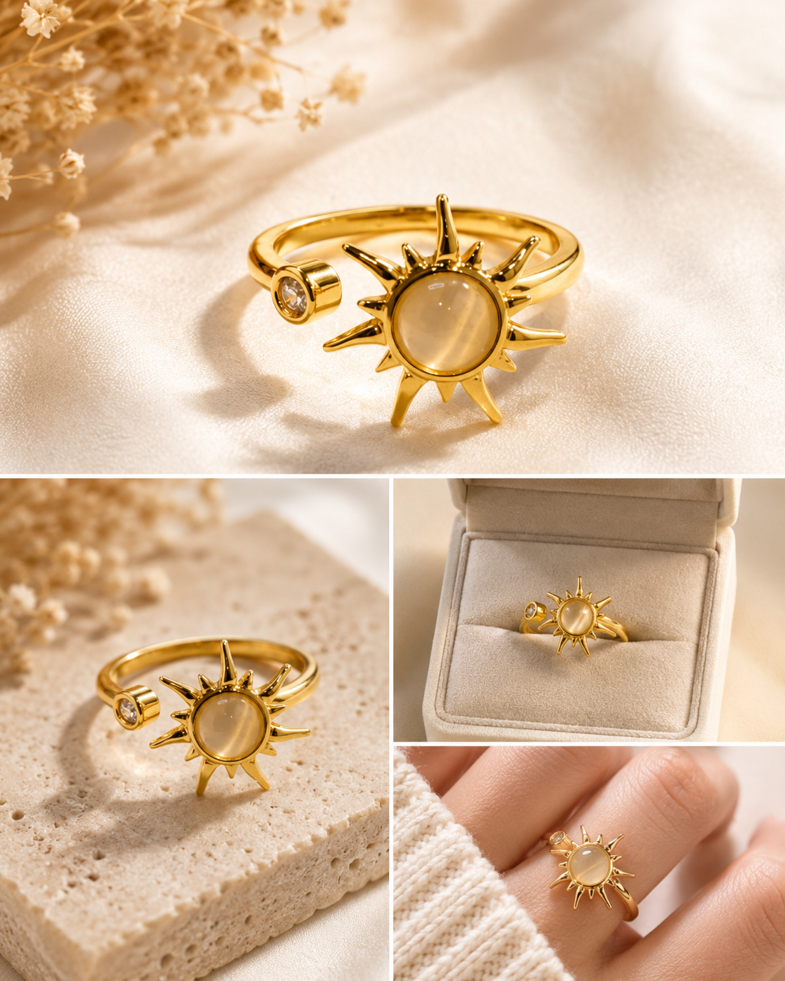 Bague soleil dorée pivotant anti-stress ajustable