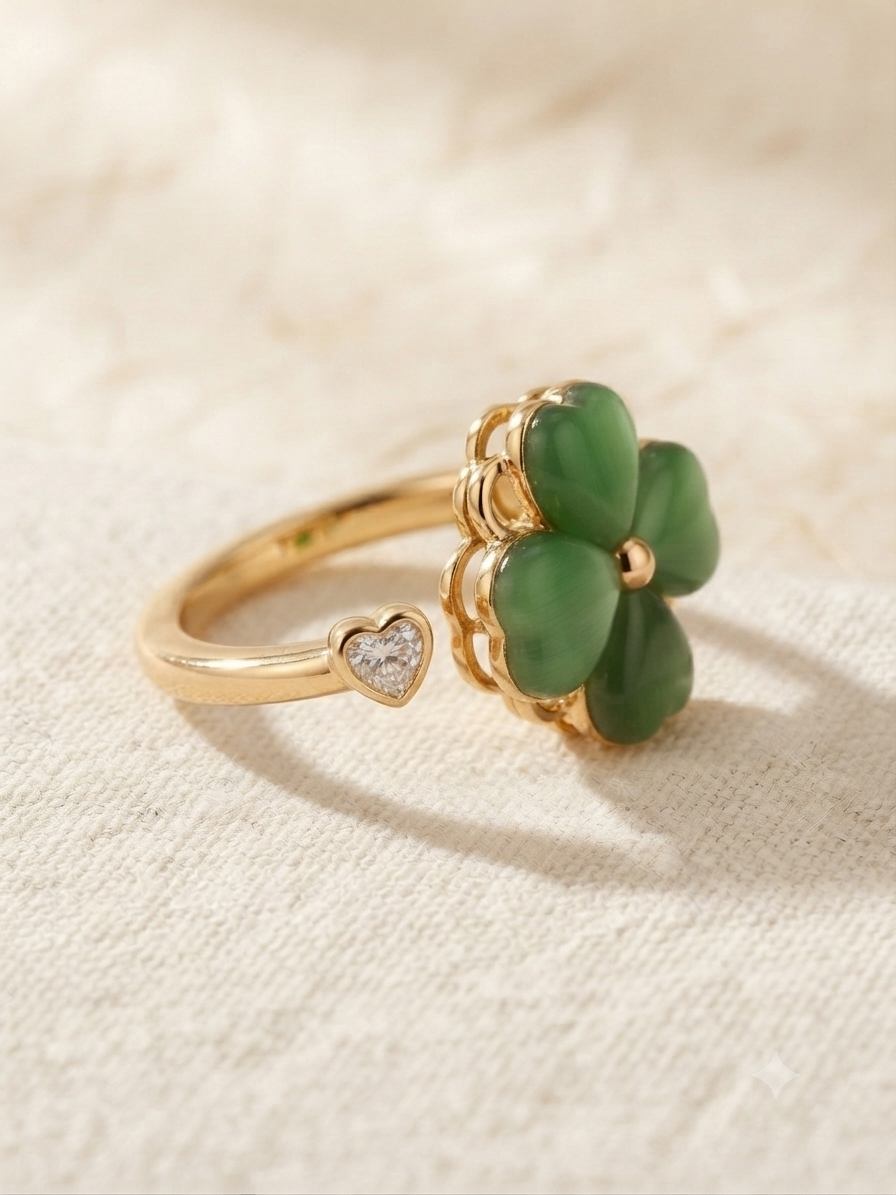 Bague trèfle vert et doré anti-stress ajustable et pivotante