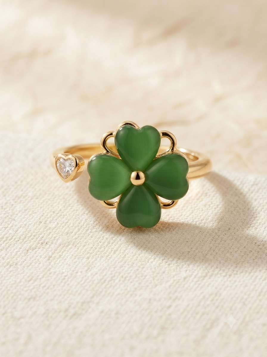 Bague trèfle vert et doré anti-stress ajustable et pivotante