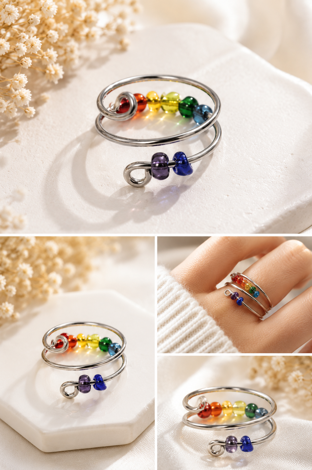 Bague anti-stress à perles mobiles colorées