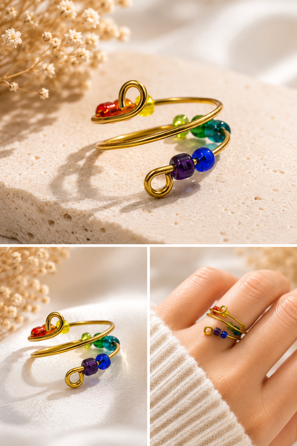 Bague anti-stress à perles mobiles colorées
