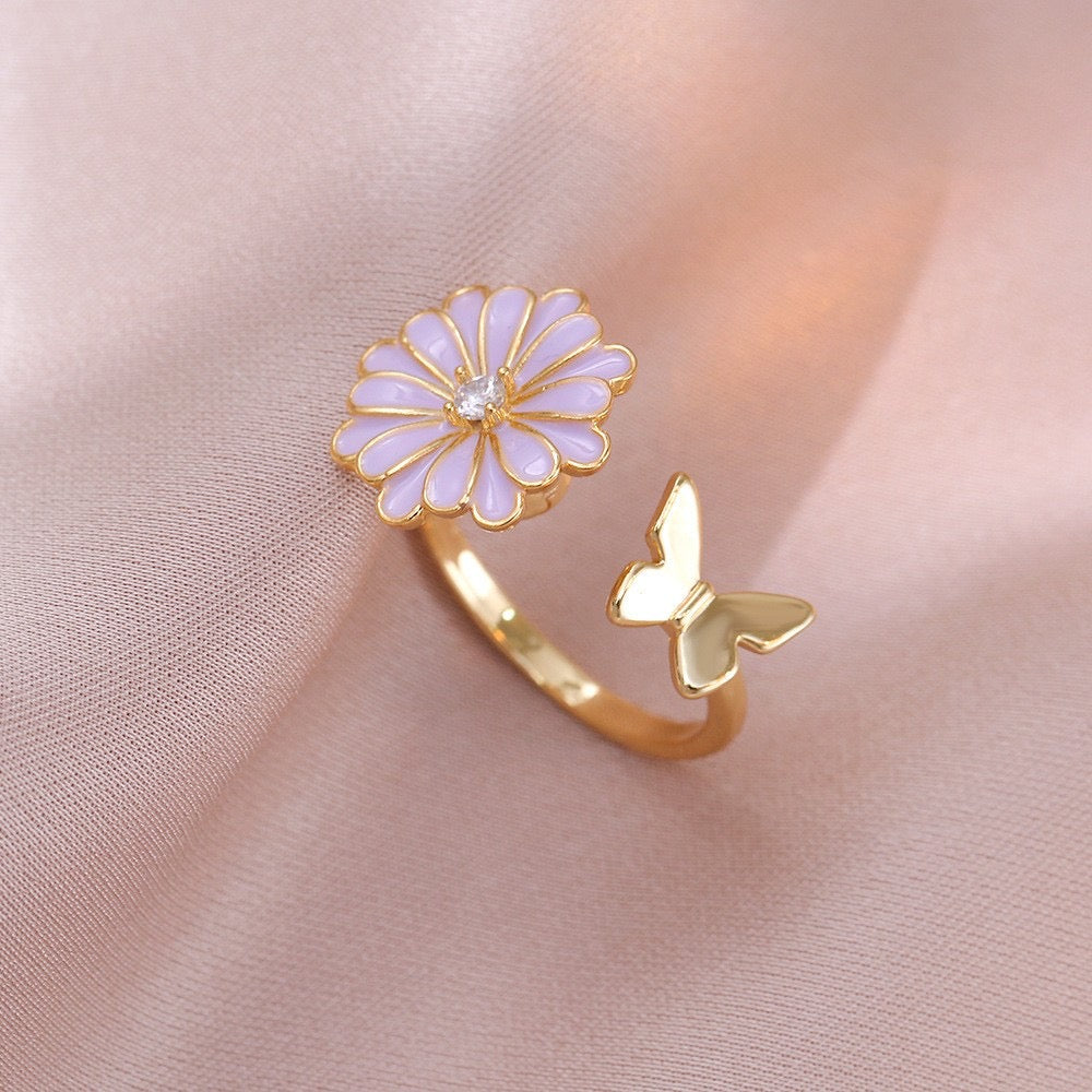 Bague fleur mauve pivotante et papillon doré anti-stress ajustable – Discrète &amp; apaisante