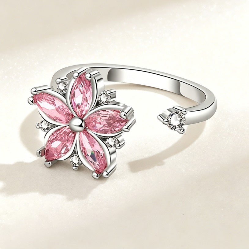 Bague fleur rose pivotante anti-stress ajustable argentée – Discrète & apaisante