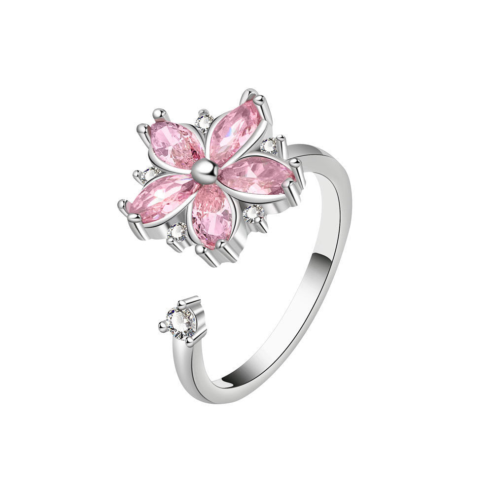 Bague fleur rose pivotante anti-stress ajustable argentée – Discrète & apaisante