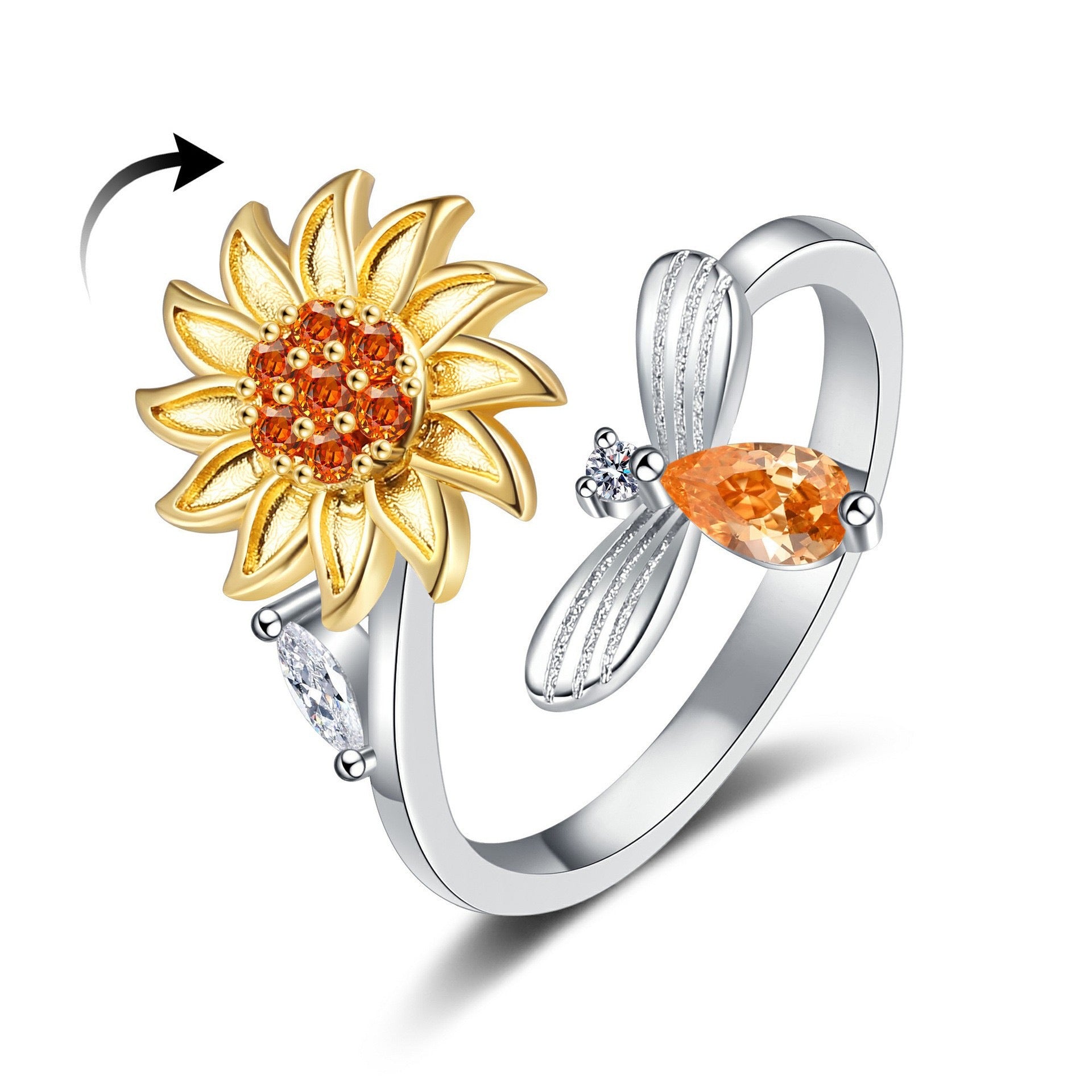 Bague fleur et abeille argentée anti-stress ajustable
