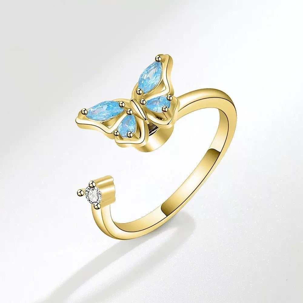Bague papillon bleu pivotante anti-stress ajustable – Discrète &amp; apaisante