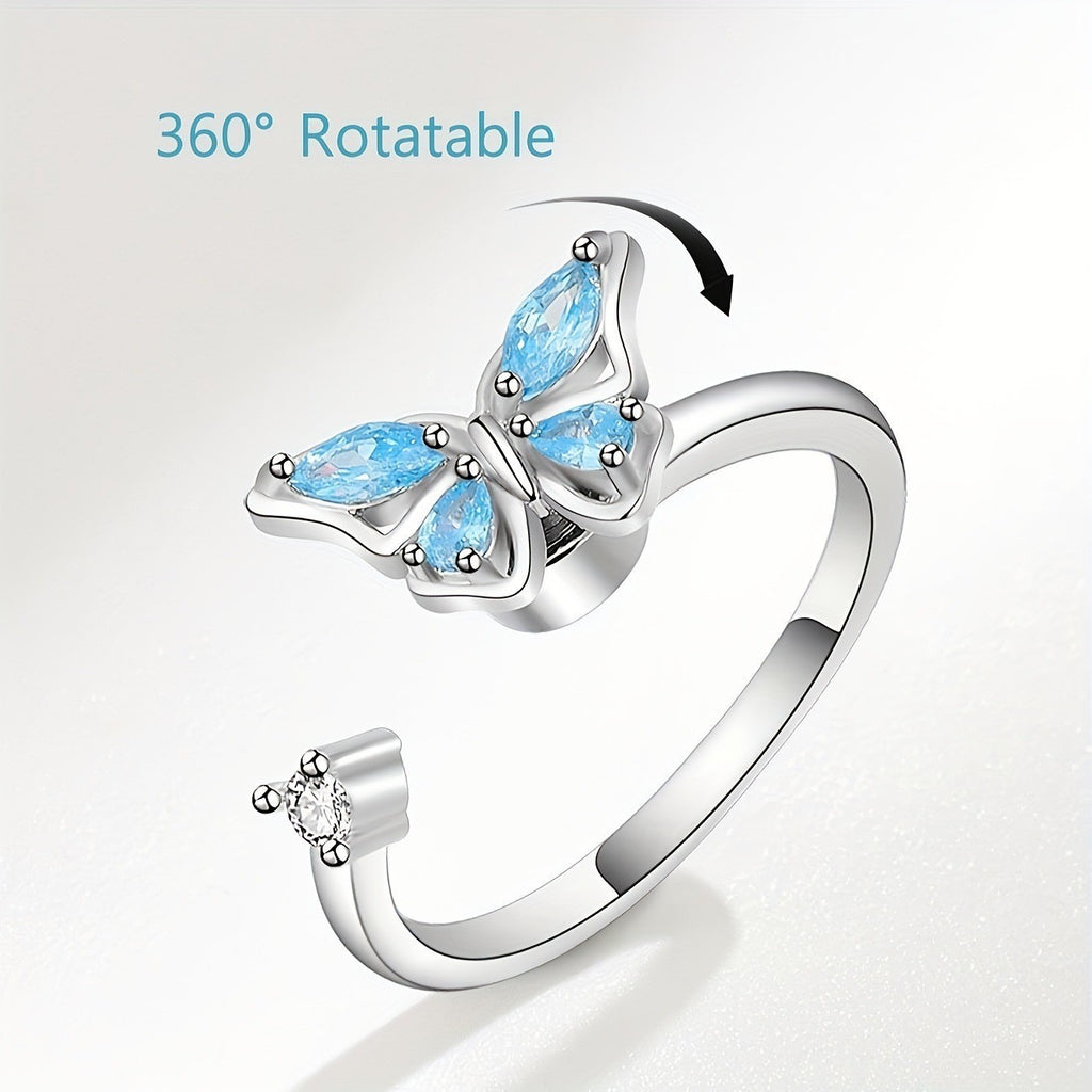 Bague papillon bleu pivotante anti-stress ajustable – Discrète & apaisante