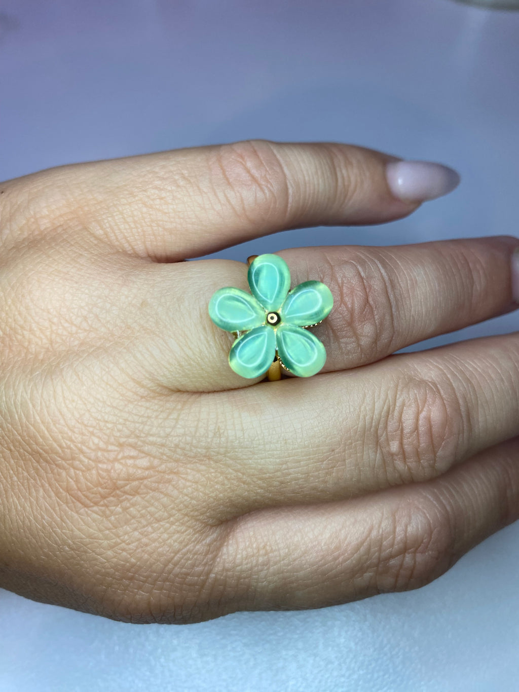 Bague fleur bleu argentée anti-stress ajustable – Discrète & apaisante