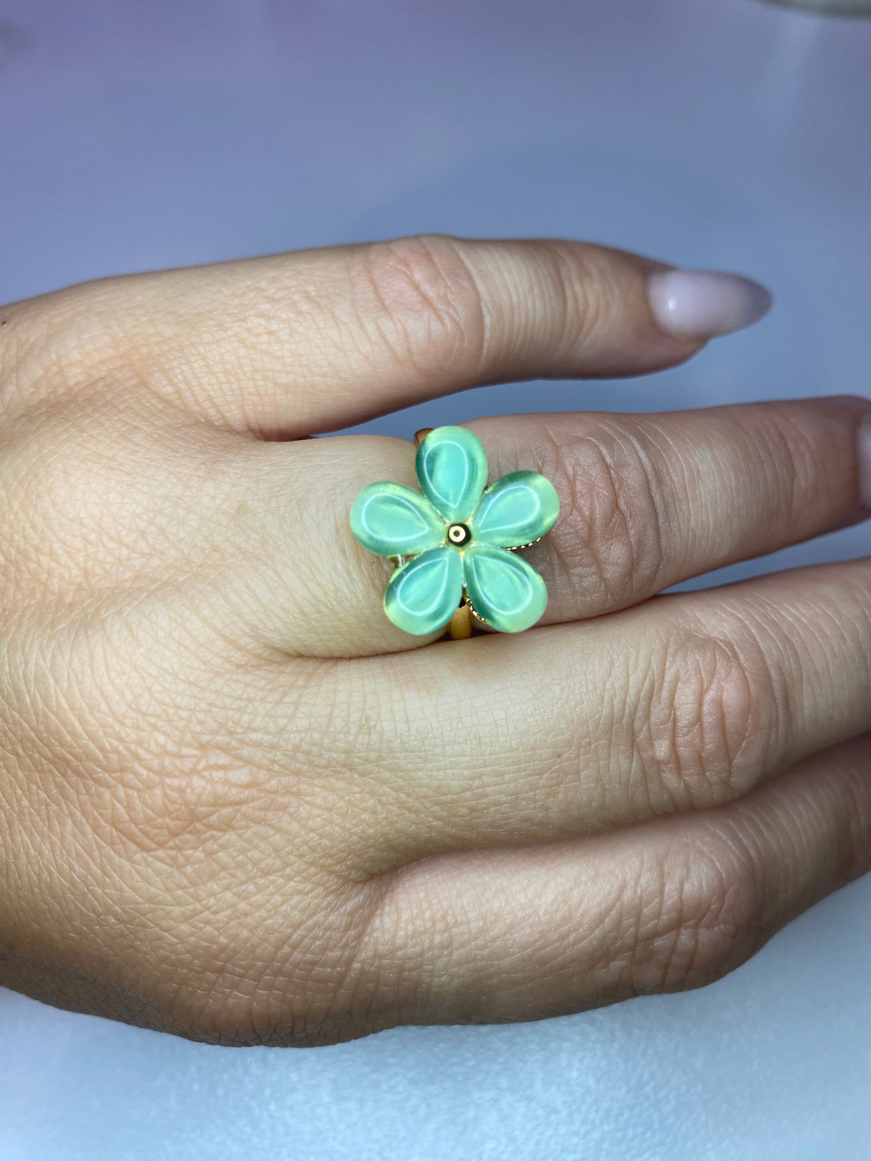 Bague fleur bleu argentée anti-stress ajustable – Discrète & apaisante
