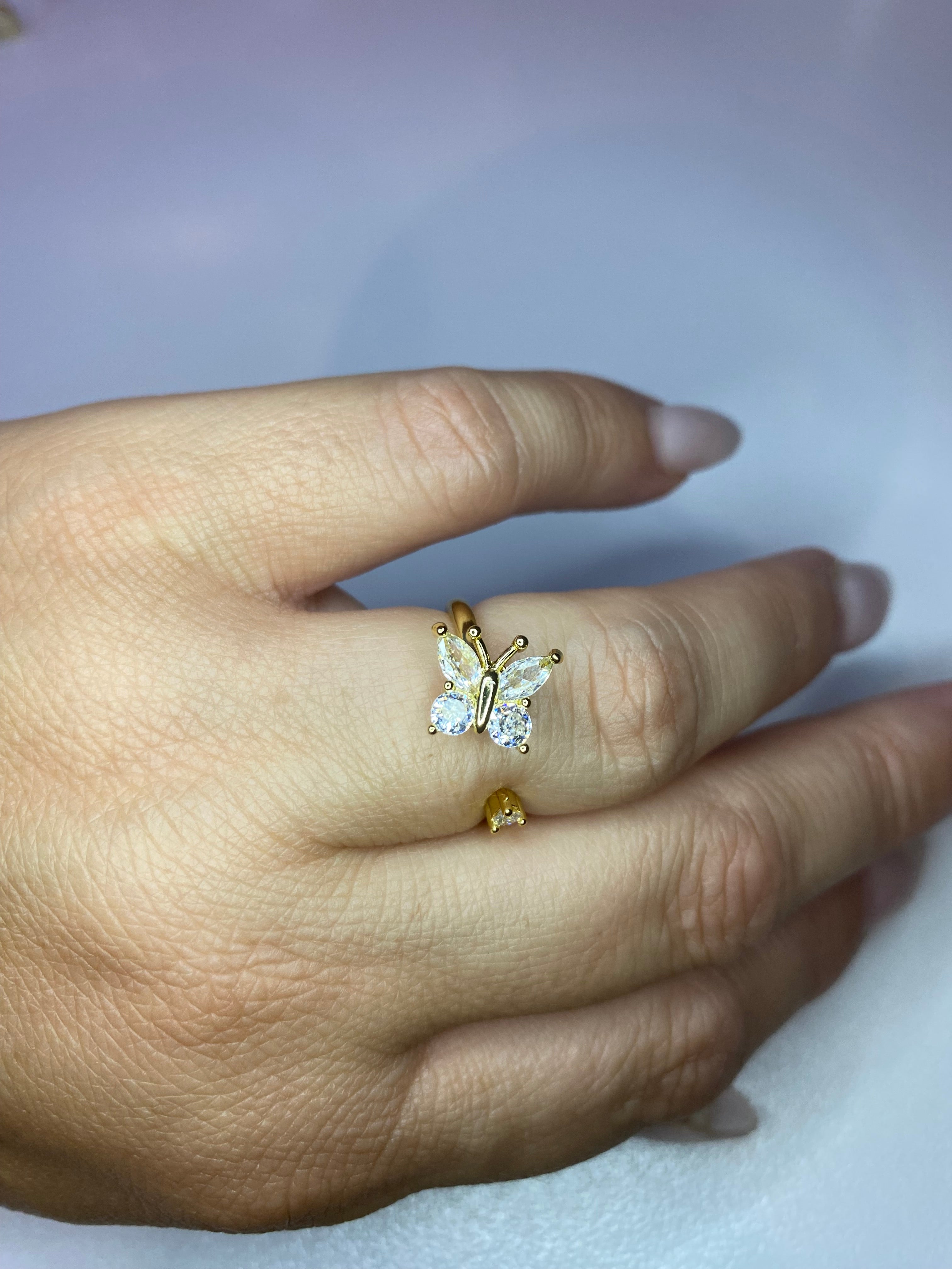 Bague papillon blanc dorée anti-stress ajustable