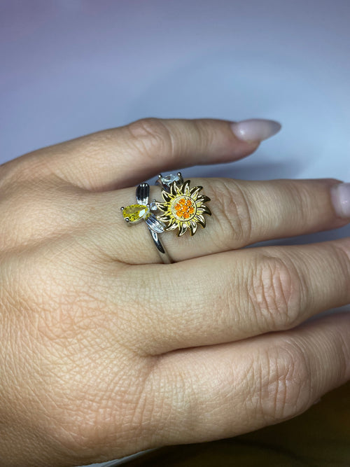 Bague fleur et abeille argentée anti-stress ajustable