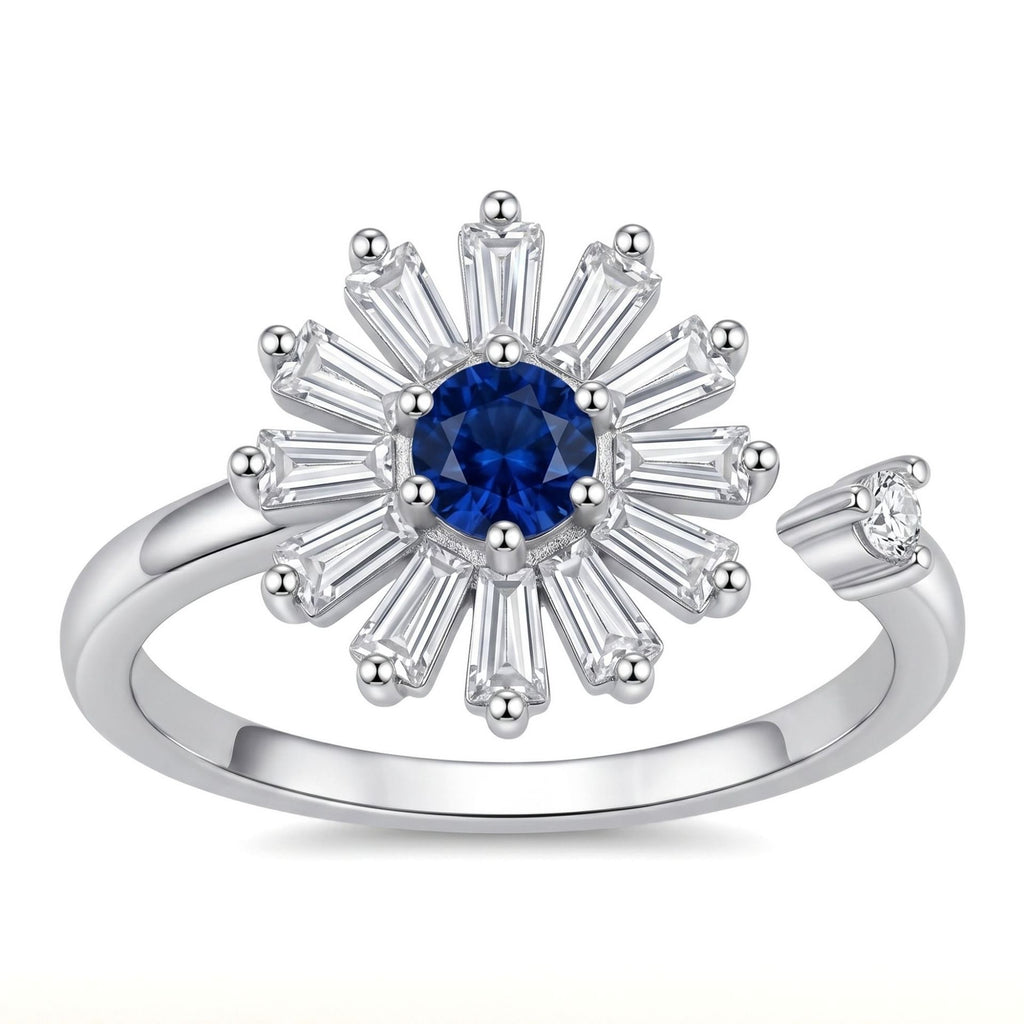Bague fleur argentée cœur bleu pivotant anti-stress ajustable