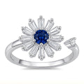 Bague fleur argentée cœur bleu pivotant anti-stress ajustable