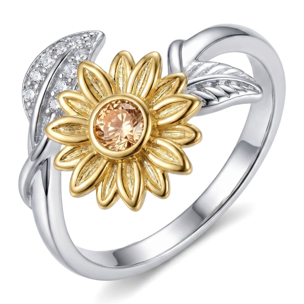 Bague fleur jaune pivotante et feuille argentée anti-stress ajustable