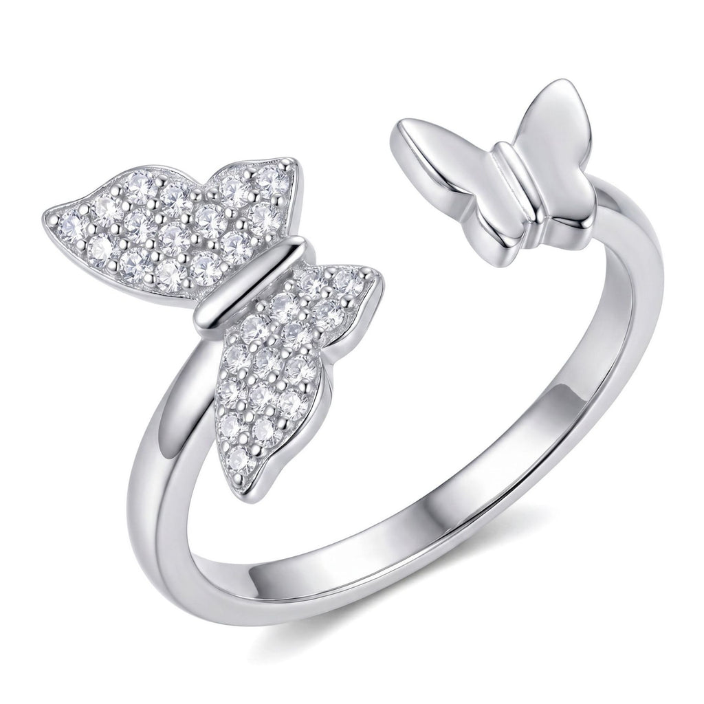 Bague papillon strass pivotant argentée anti-stress ajustable