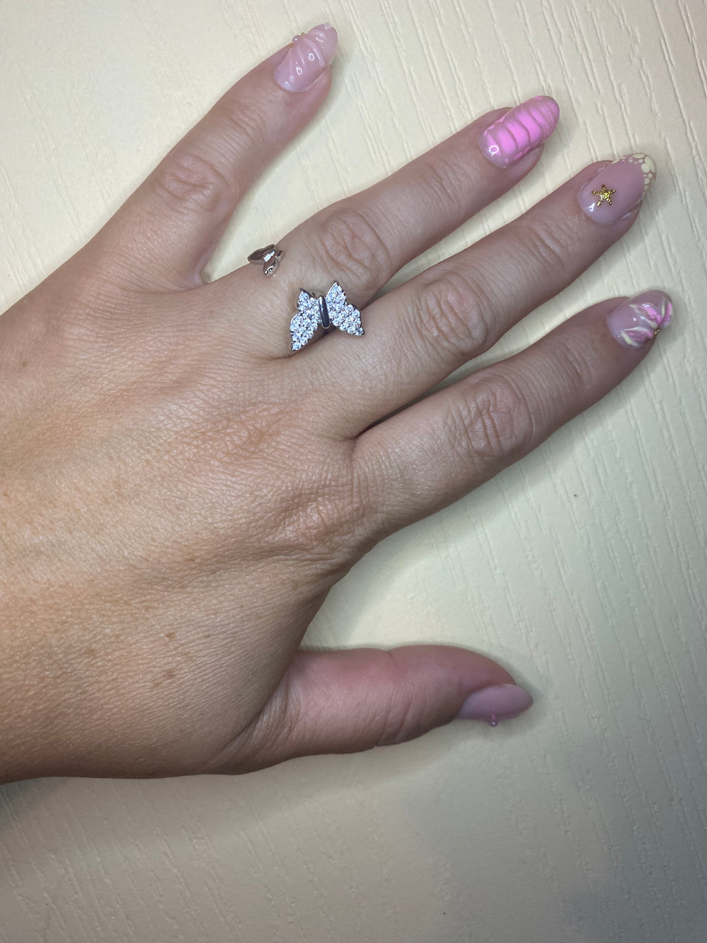 Bague papillon strass pivotant argentée anti-stress ajustable