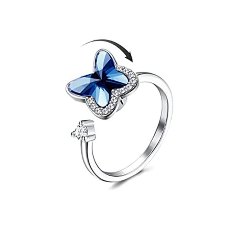 Bague papillon bleu et stress pivotant argentée anti-stress ajustable
