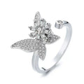 Bague papillon strass argenté intérieure fleur pivotante anti-stress ajustable