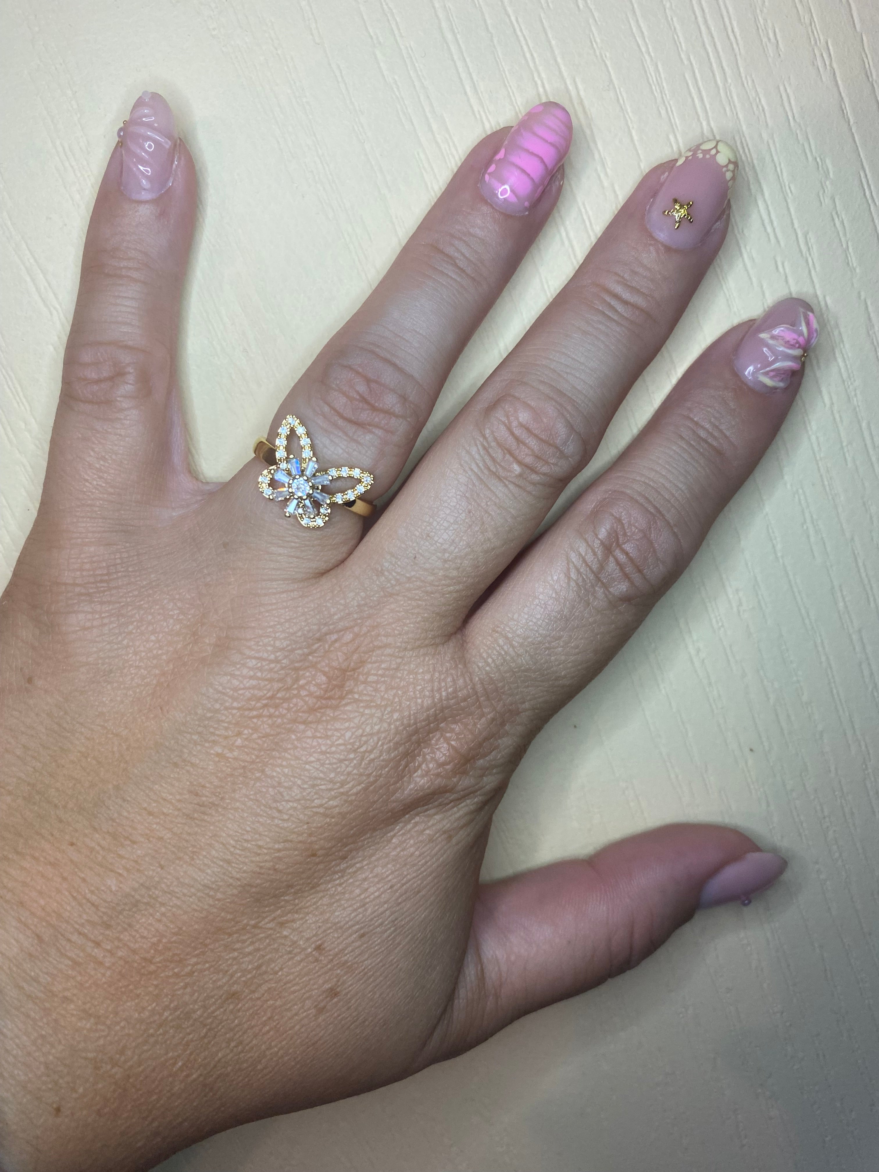 Bague papillon strass intérieur fleur pivotante dorée anti-stress ajustable