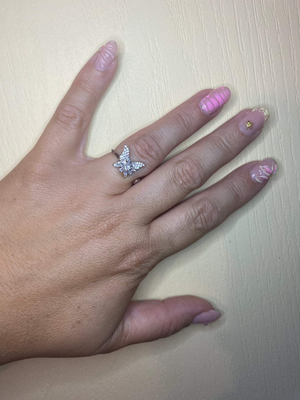 Bague papillon strass argenté intérieure fleur pivotante anti-stress ajustable