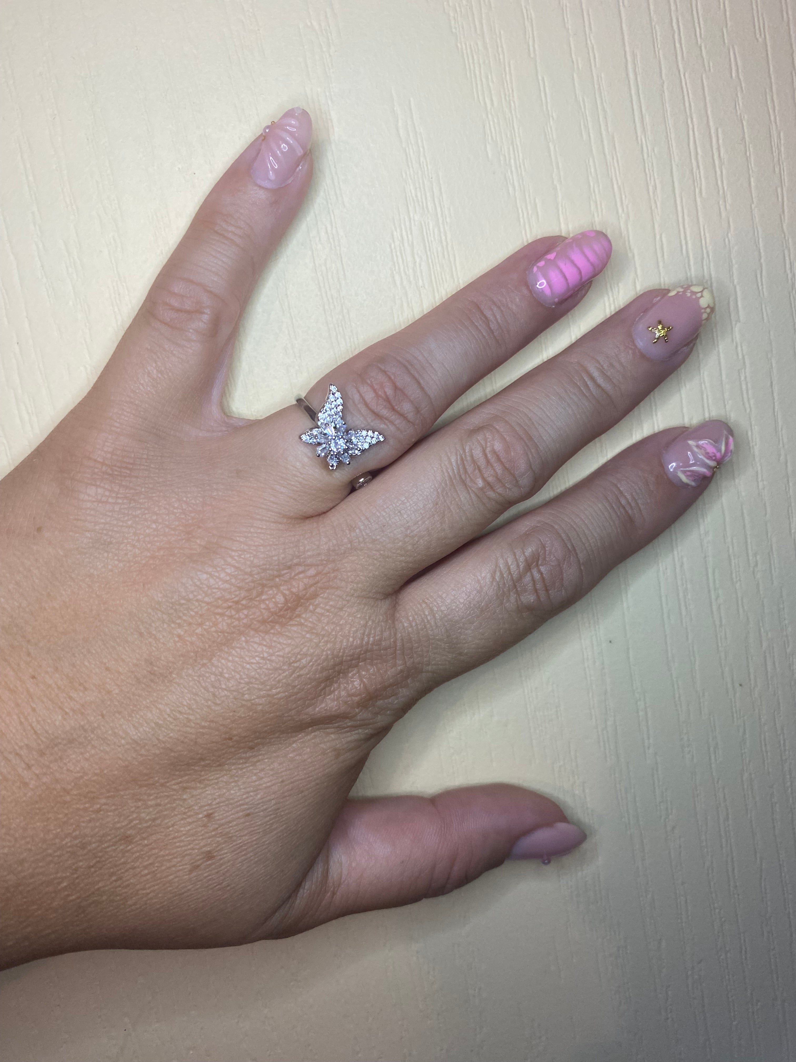 Bague papillon strass argenté intérieure fleur pivotante anti-stress ajustable