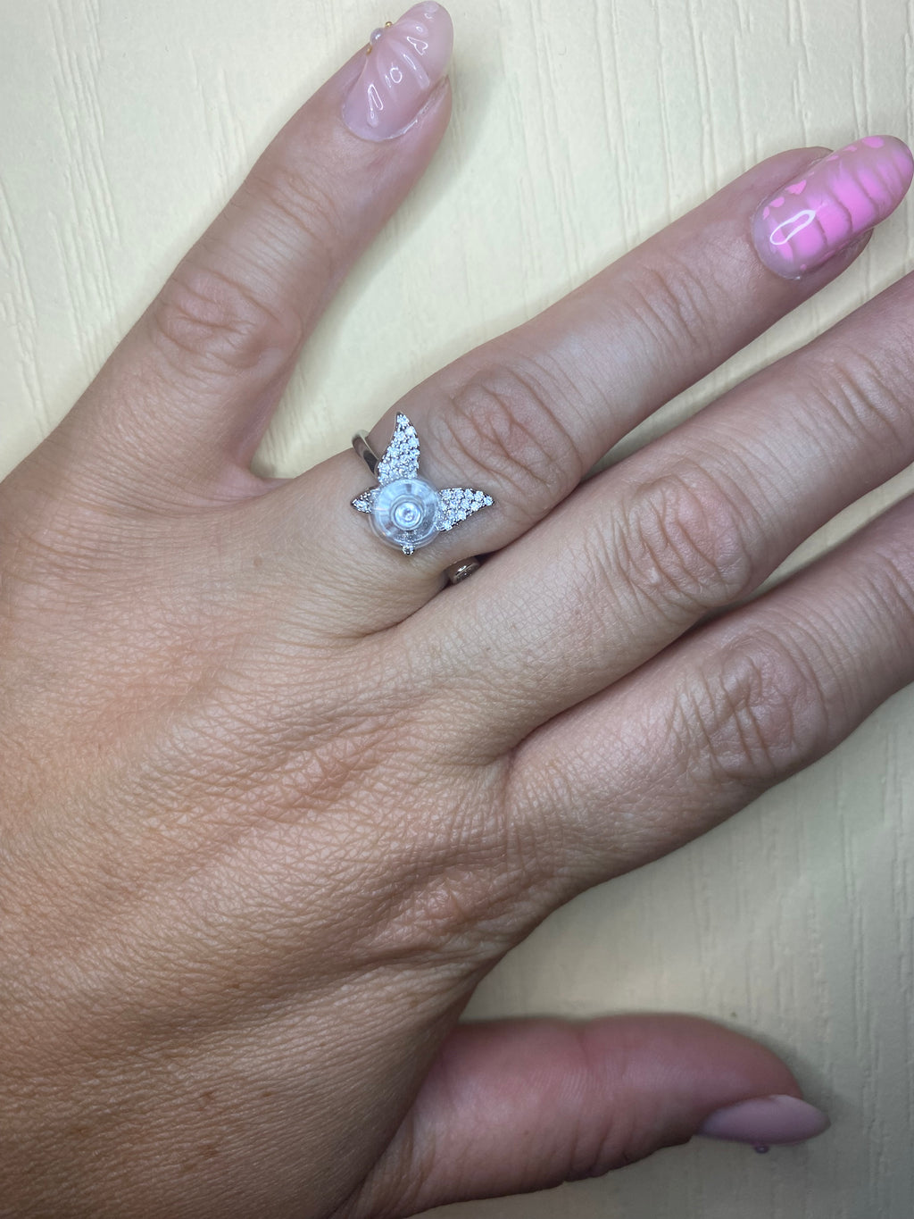 Bague papillon strass argenté intérieure fleur pivotante anti-stress ajustable