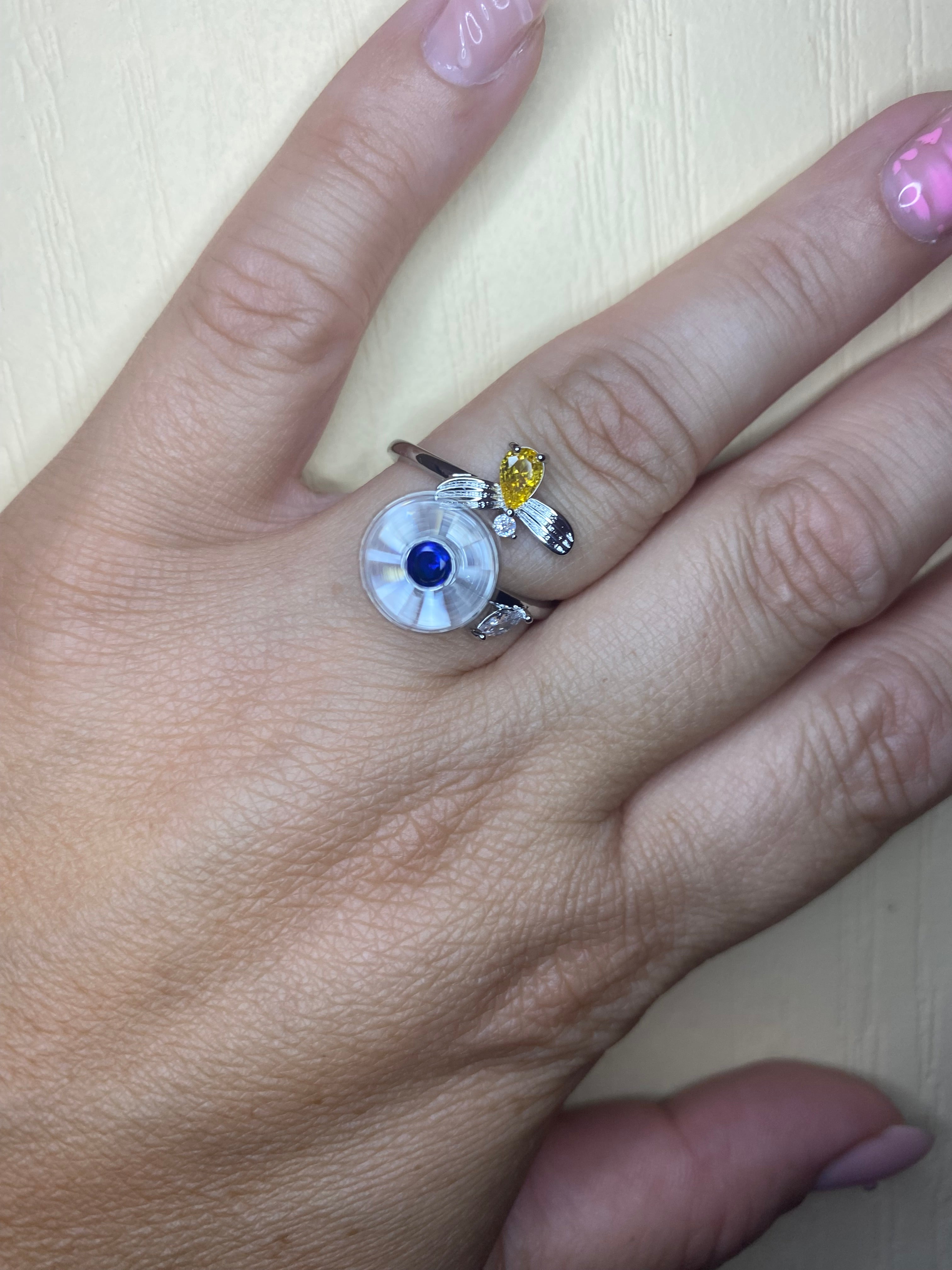 Bague fleur cœur bleu pivotant et insecte jeune&nbsp; pivotante anti-stress ajustable