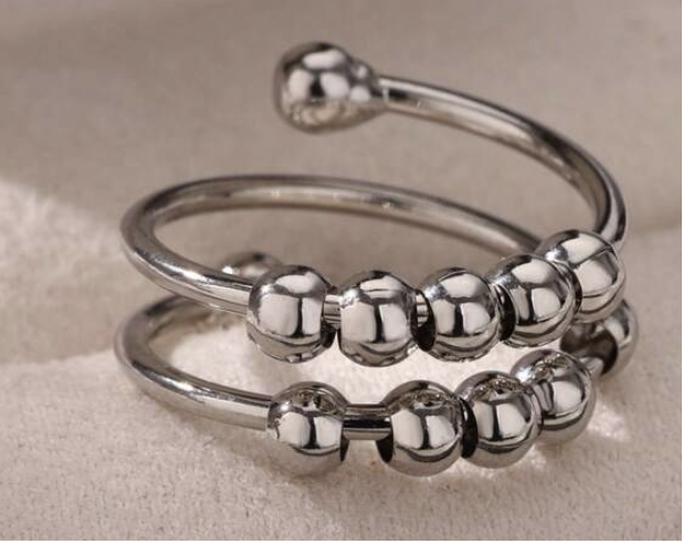 Bague anti-stress à 10 perles mobiles argentées